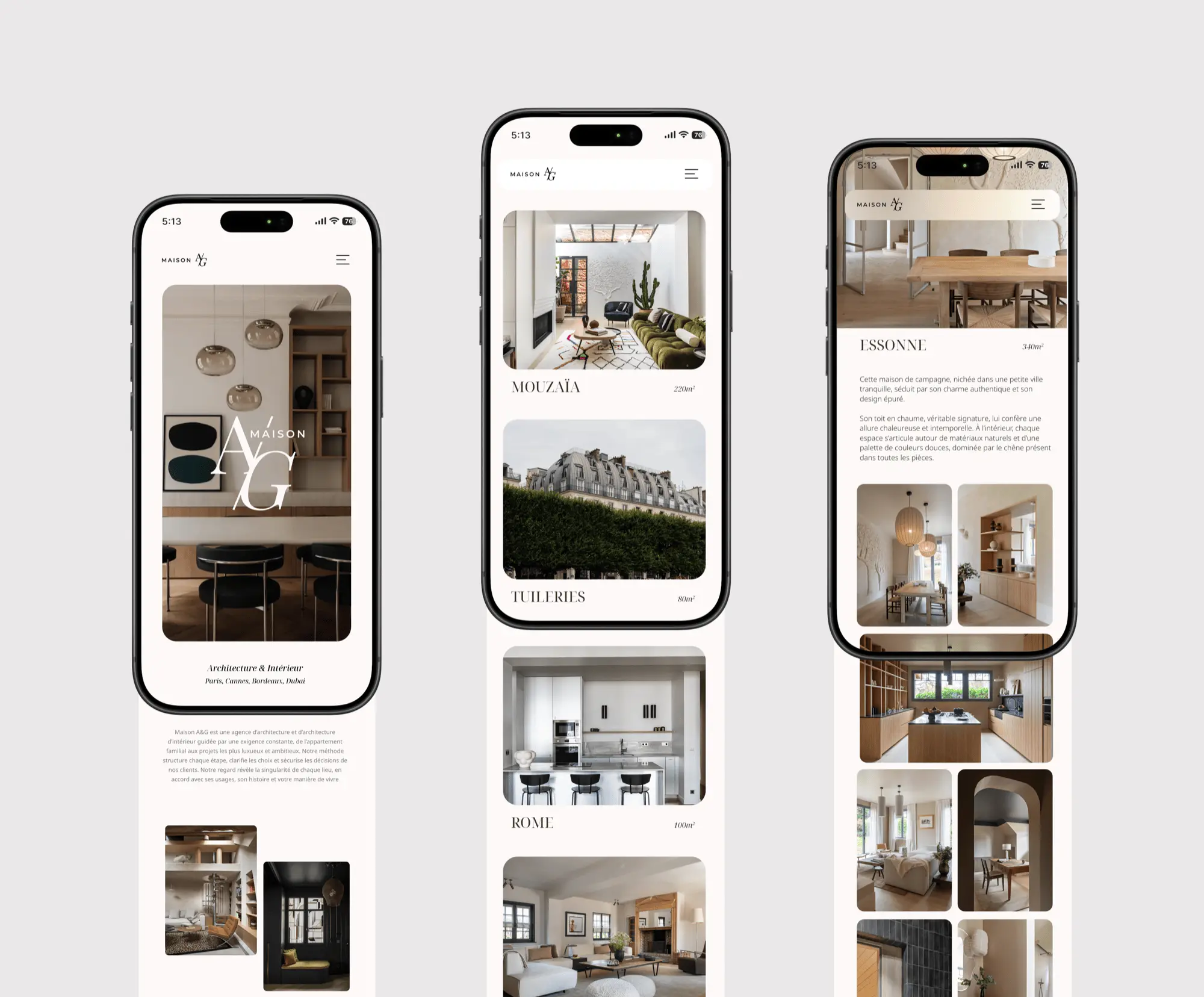 Refonte site web Maison A et G — évolution du design, vue 3 — Agence Yvonne