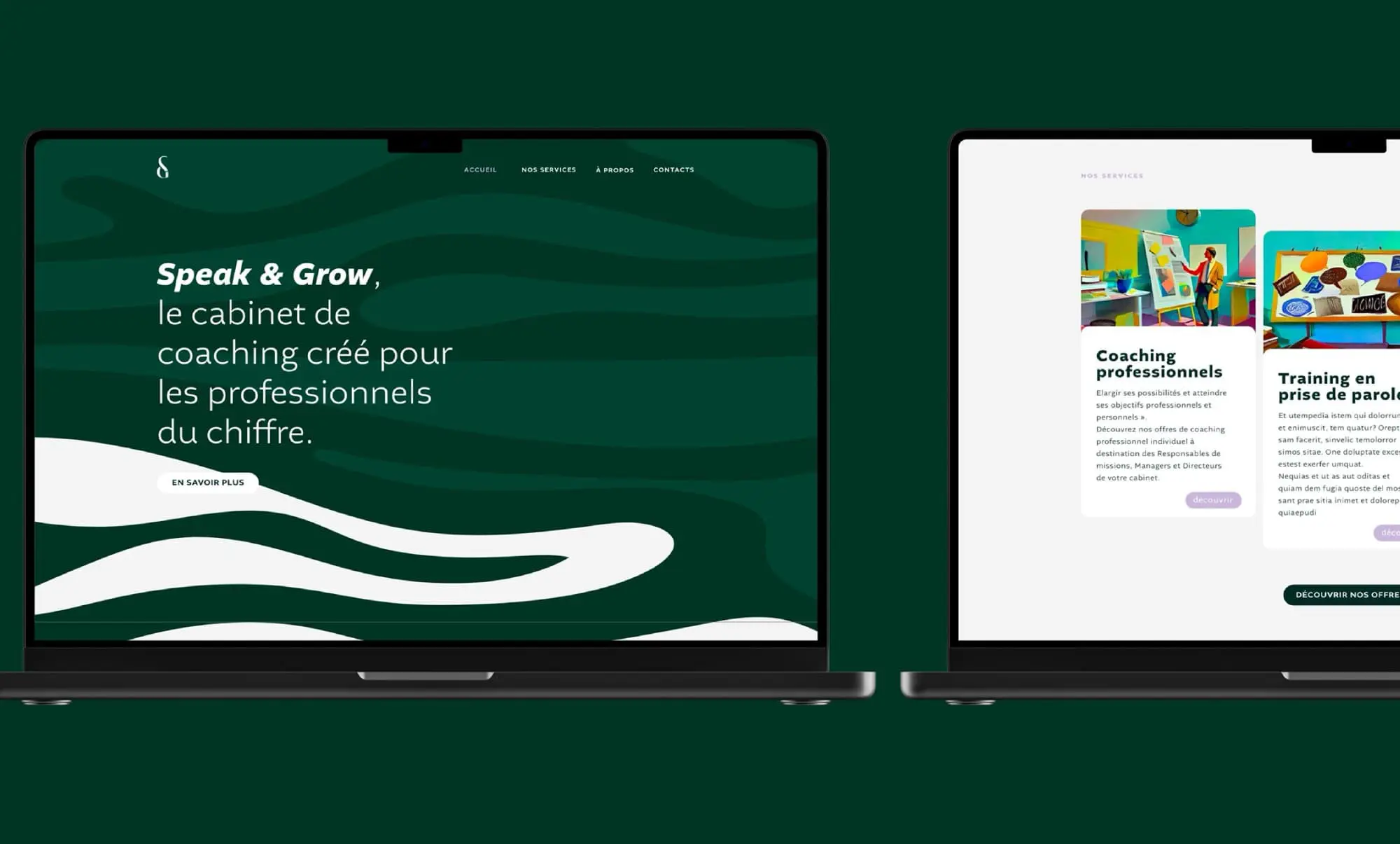 Création site web Speak & Grow — maquette page services — Agence Yvonne